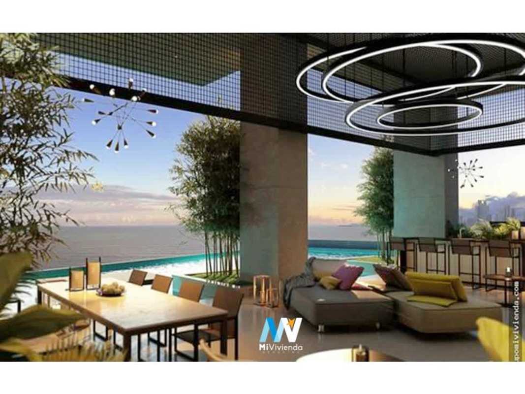 Infinity pool overlooking Pacific and skyline with luxury lounge areas Upper East Tower Panama