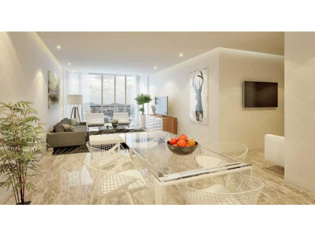 Spacious master bedroom featuring ocean view, large windows and marble floors in PH La Costanera Panama