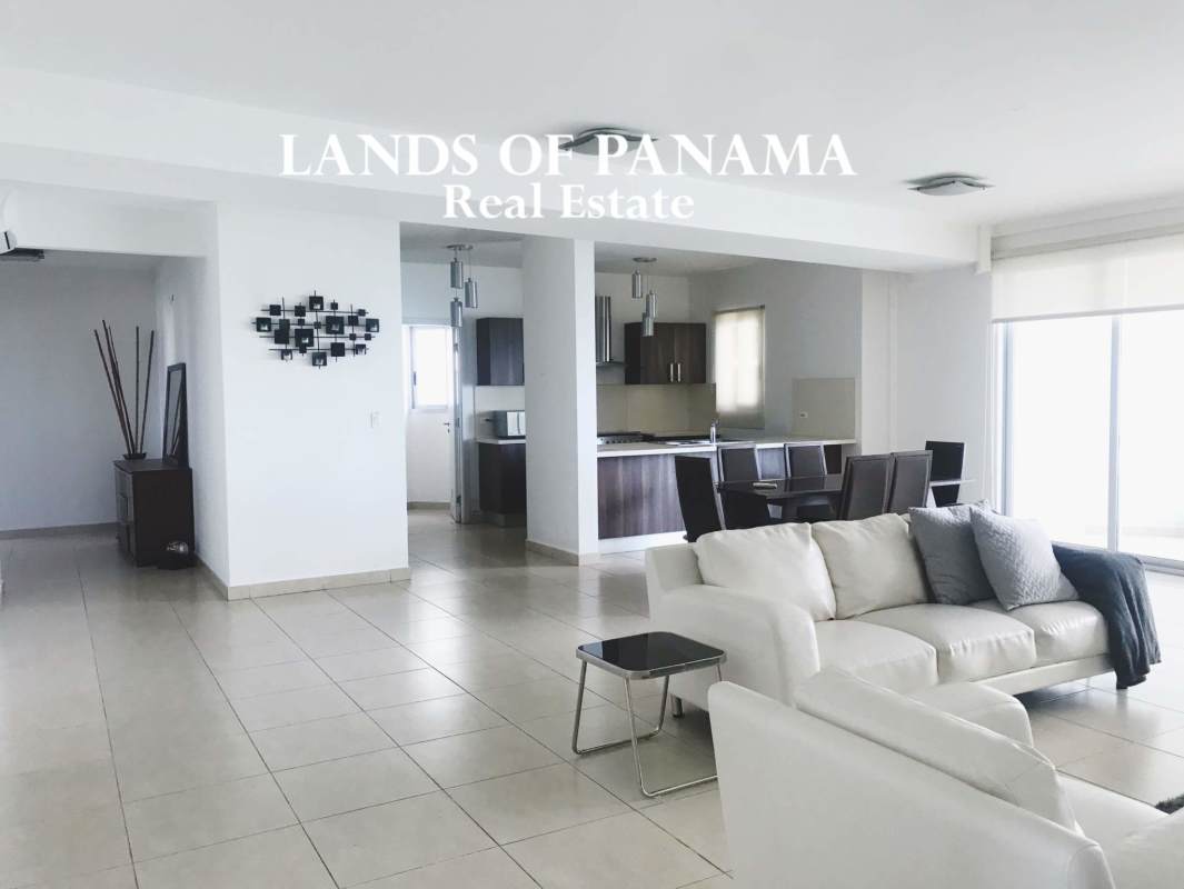 Master bedroom with large window, porcelain floors, sea views, in Punta Pacifica, Panama City