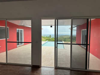 Large terrace patio with view of infinity pool, ocean, and greenery in Las Lajas Coronado area