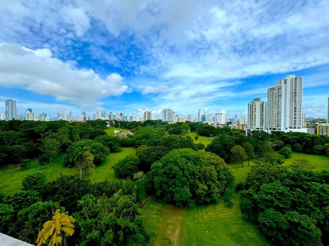 Aerial view overlooking Parque Omar and Panama City skyline from PH Park One Altos del Golf