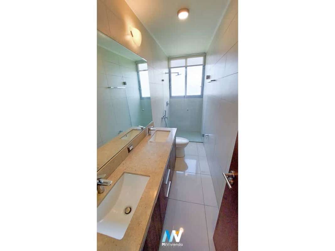 Bathroom with glass shower enclosure and vanity apartment for rent Costa del Este Panama