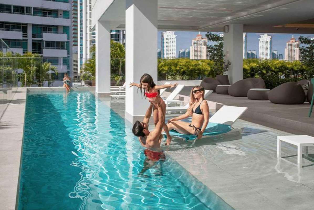 Contemporary bathroom glass shower vanity at Murano Tower Coco del Mar Panama