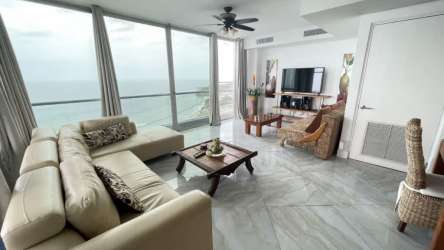 Fully equipped granite countertop kitchen at PH La Mare San Carlos open plan ocean view Panama