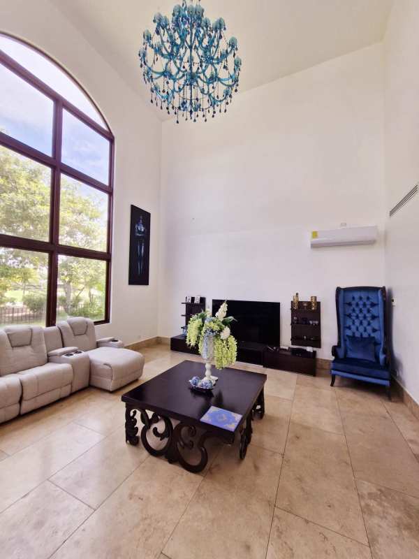 Double-height foyer with marble floors and balcony overlook Fairway Estates Panama