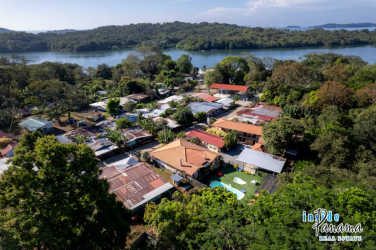 Aerial photo of beachfront boutique hotel in Boca Chica Panama with pool and greenery