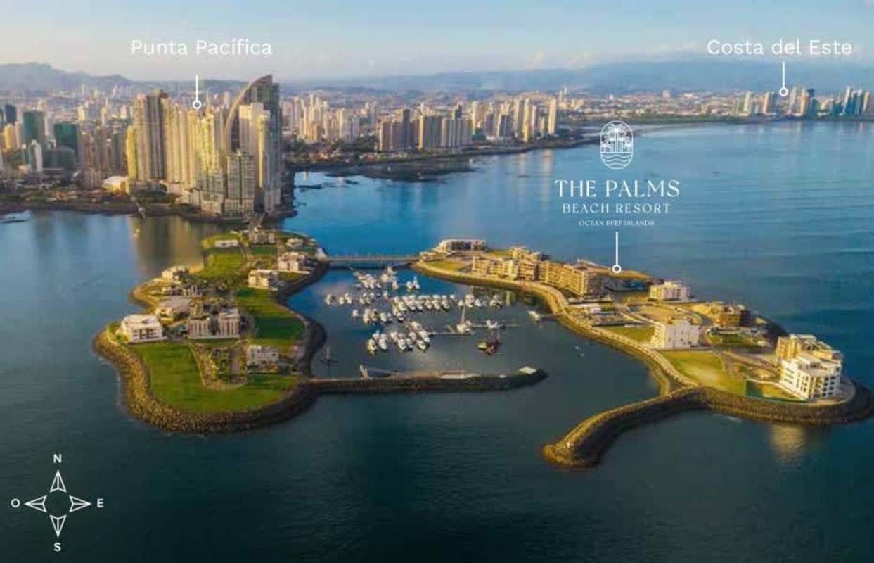 Aerial of Ocean Reef Islands private marina, luxury condos, city skyline Panama