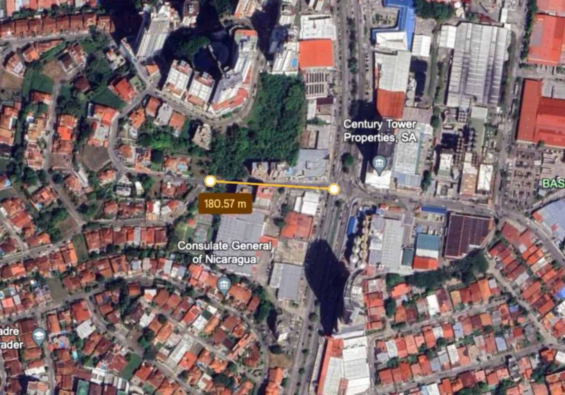 Aerial view urban neighborhood near Via Ricardo J. Alfaro showing 180m distance line Dos Mares Panama