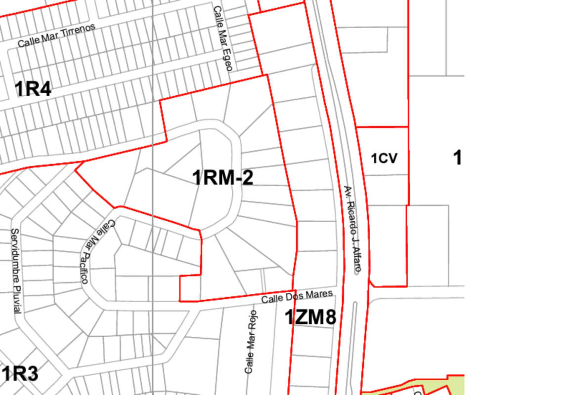 Aerial zoning map showing parcel outlines and zoning codes Dos Mares Betania Panama