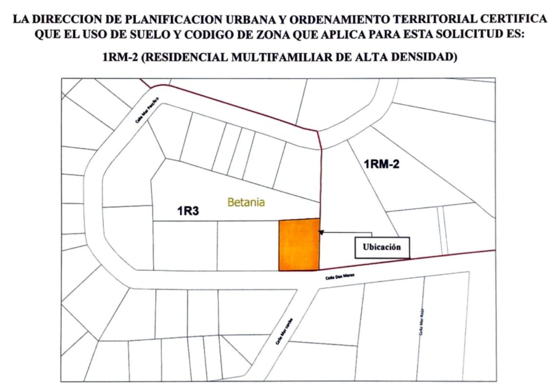 Planning zoning map highlighting RM-2 sectors, boundaries, adjacent zones in Betania Panama