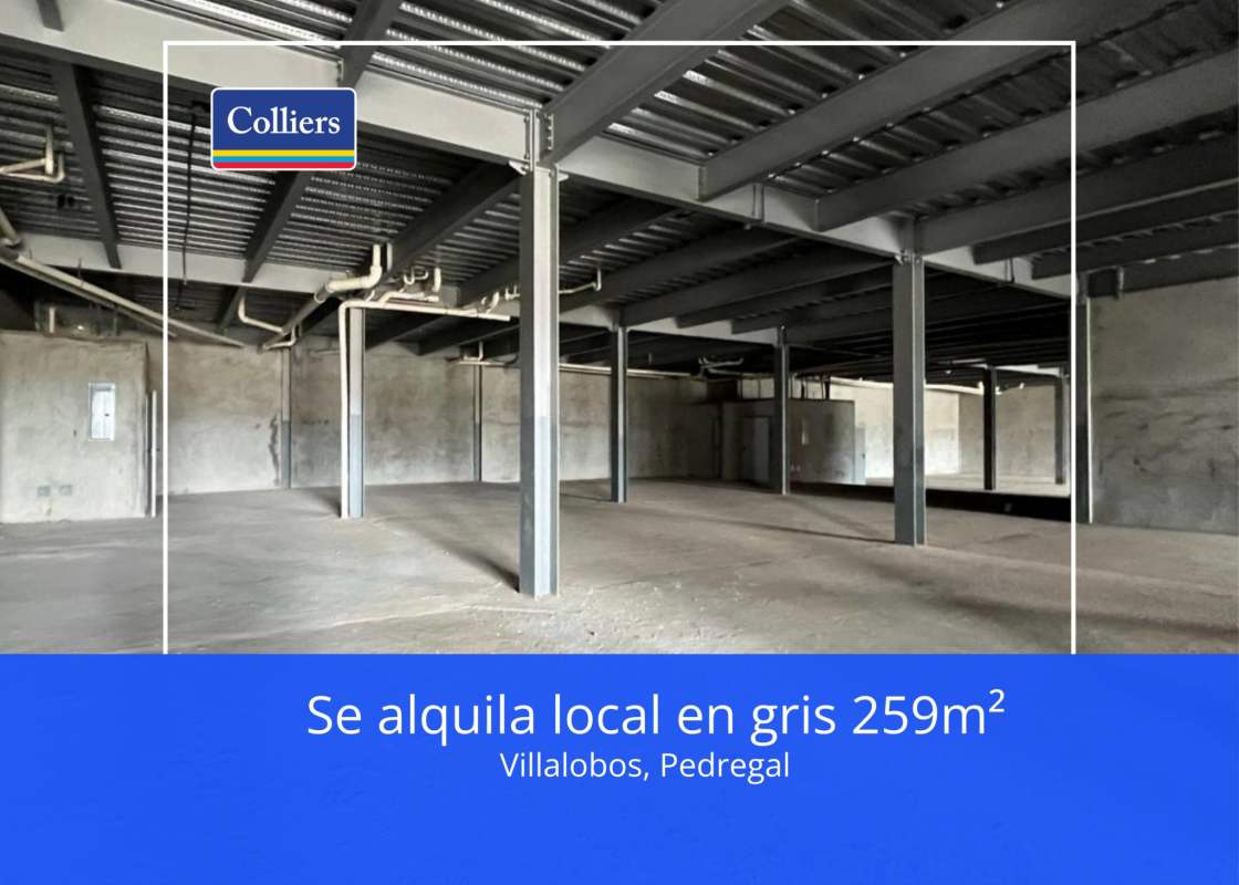 Unfinished commercial bay for lease with exposed structure ready for tenant improvements in Plaza Villalobos