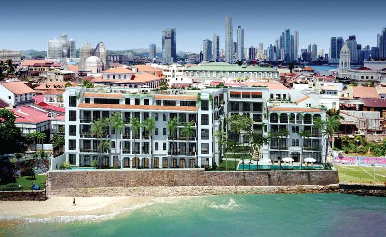 Luxury infinity rooftop pool historic Santa Familia Casco Viejo Panama view ocean skyline
