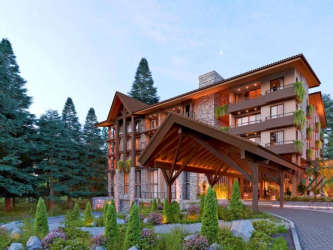 Rustic mountain lodge style condos with landscaped garden, canopy entrance in Pinoalto Boquete Panama