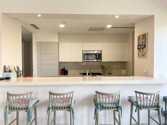 Kitchen with stainless appliances, breakfast bar, and modern finishes in Laguna Buenaventura Panama