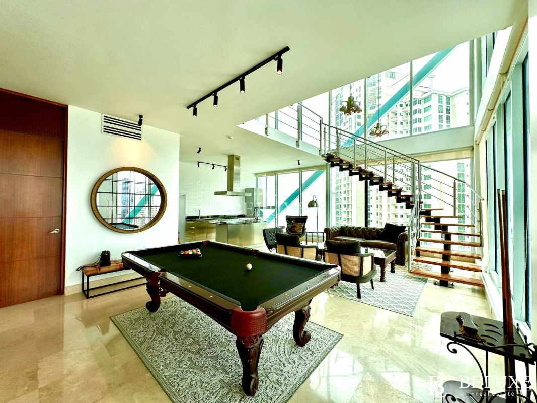 Open floor plan dining and entertainment with billiard table, ocean views at PH Loft Four 41 Panama
