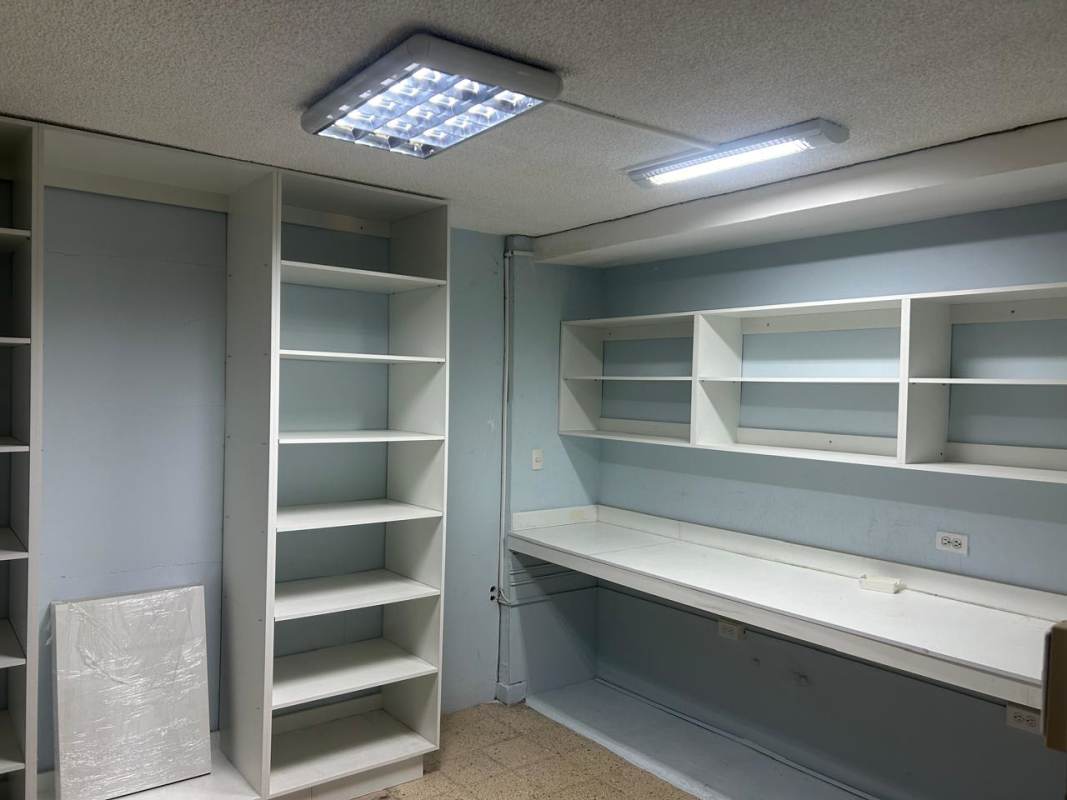 Office storage room with shelves and blue wall in Office House Coco del Mar Panama
