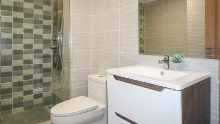Contemporary bathroom with walk-in shower at The Palms in El Palmar, Panama