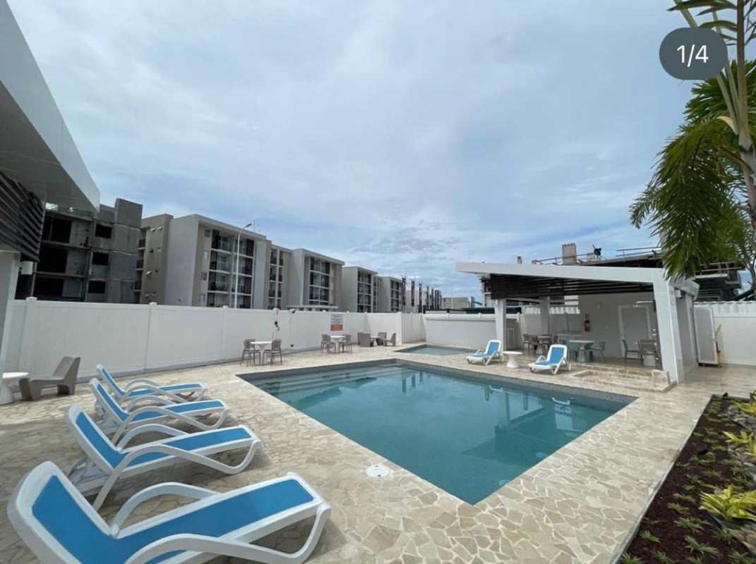 Swimming pool with sun loungers, palm trees Panama Viejo Panama City