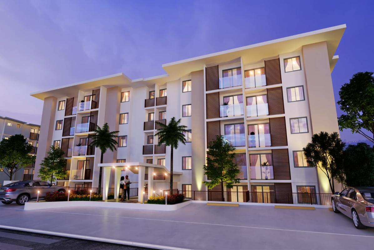 Twilight view apartment building balconies palm trees Panama Viejo Panama