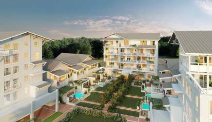 Aerial view of Buenaventura Beach Resort with Marina Gardens luxury condominiums and golf course Panama