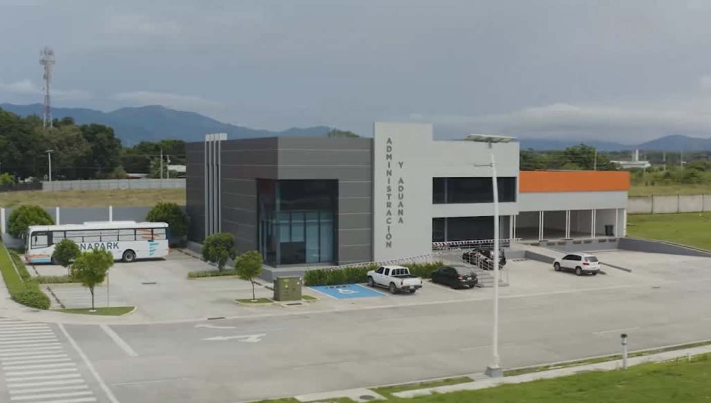 Aerial scene showing Panapark warehouses with green landscaped surroundings near Tocumen Airport Panama