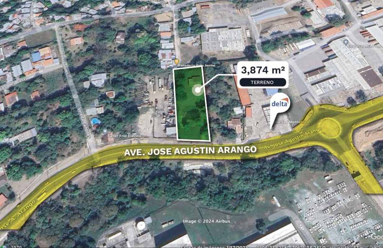 Aerial highlighting 3,874 m2 roadside lot on Avenida José Agustín Arango Panama City