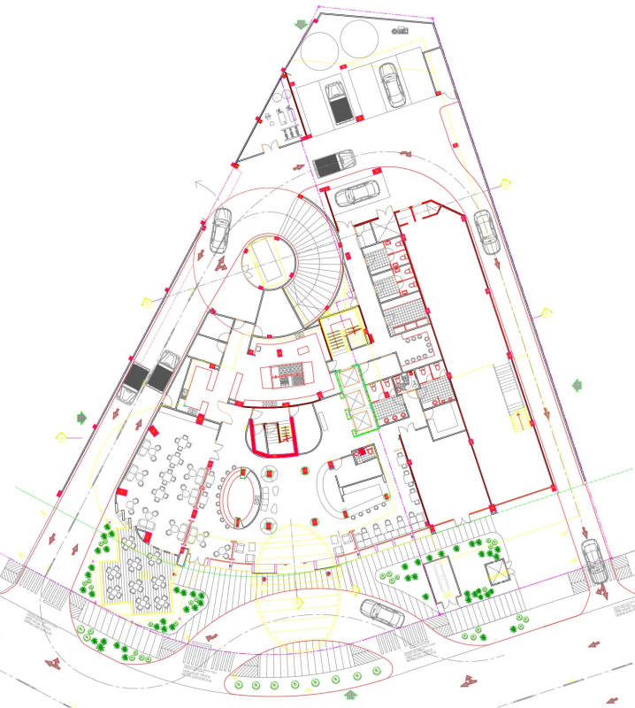 Triangular blueprint plan of multi-use hotel building site with terraces parking spaces Obarrio Panama