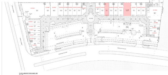Architectural site plan with parking layout retail units at Terrazas de Costa Verde, Panama Oeste