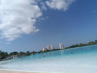 Lagoon pool and beachfront with palm trees at Playa Blanca Panama