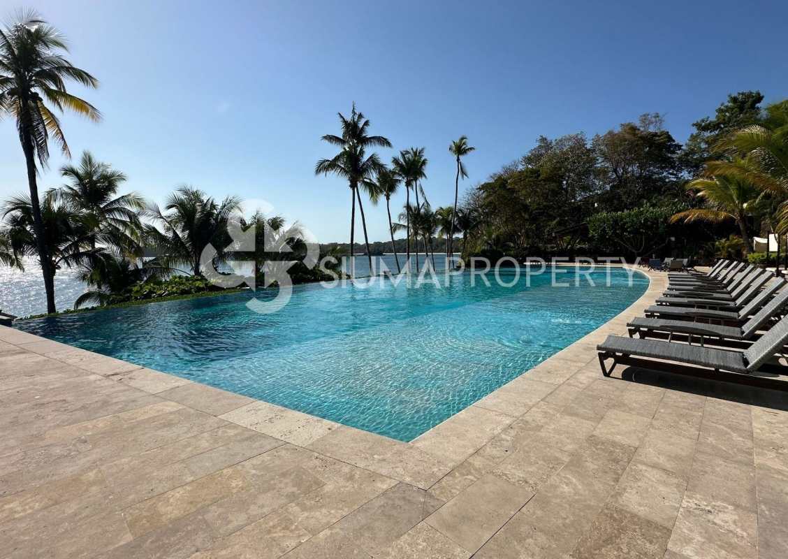 Infinity edge swimming pool facing Pacific Ocean on tropical island Panama
