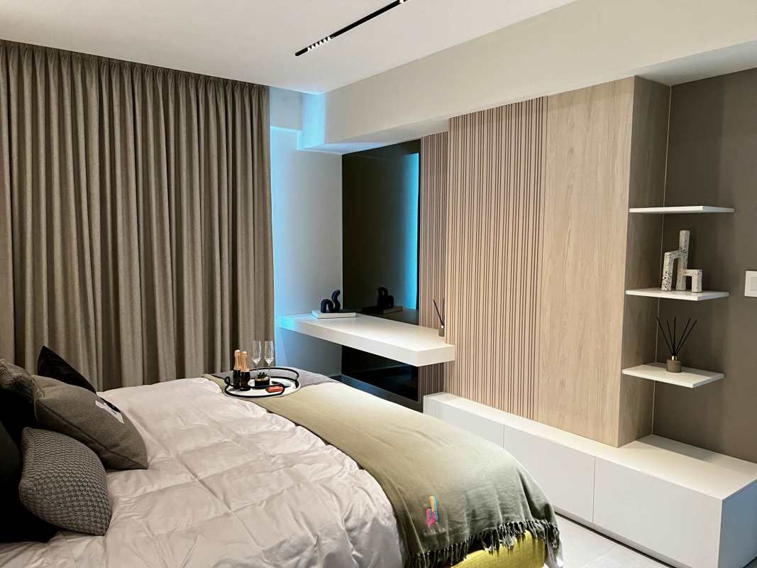 Spacious master bedroom, Roche Bobois furniture, large windows, stylish design in Bella Vista Panama City