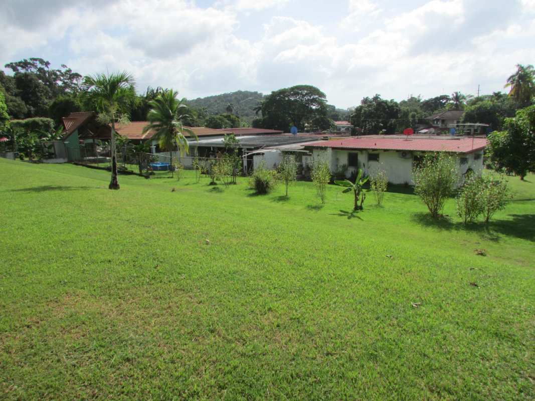 Wide grassy field with small trees and shrubs next to house Pedro Miguel Panama