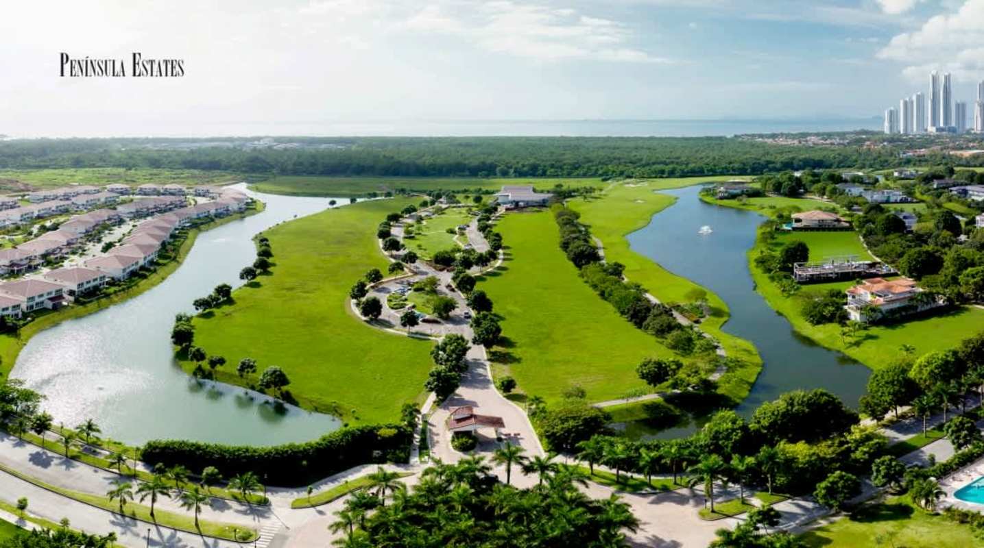 Skyline of Panama City with golf course and luxury residences in Peninsula Estates Santa Maria