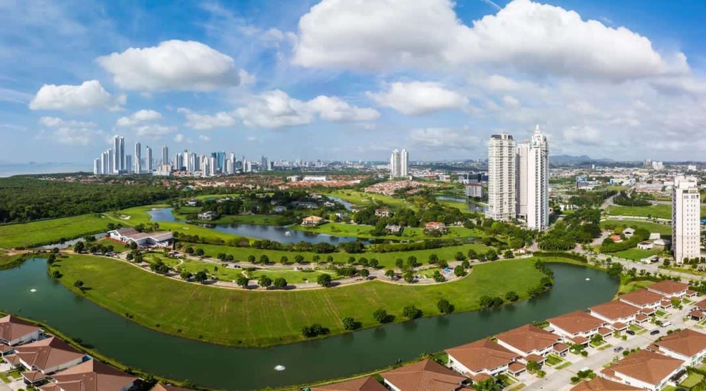 Aerial of waterfront golf community Peninsula Estates Santa María Panama near Costa del Este