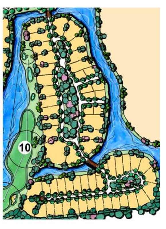 Aerial layout of island residential development in Peninsula Estates Santa María with golf and water views