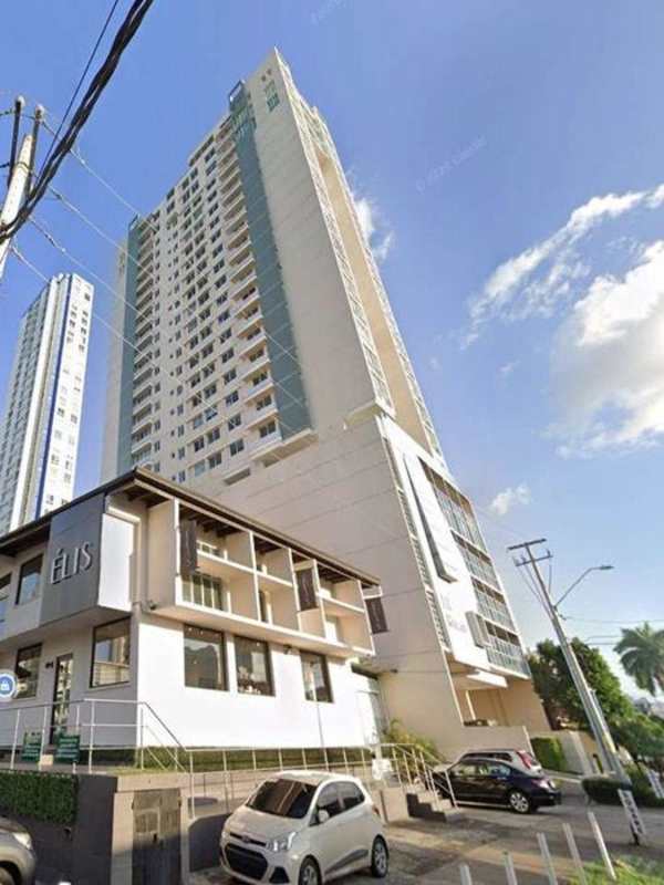 High-rise contemporary Quartz Tower apartment building facade balconies streetscape Panama City