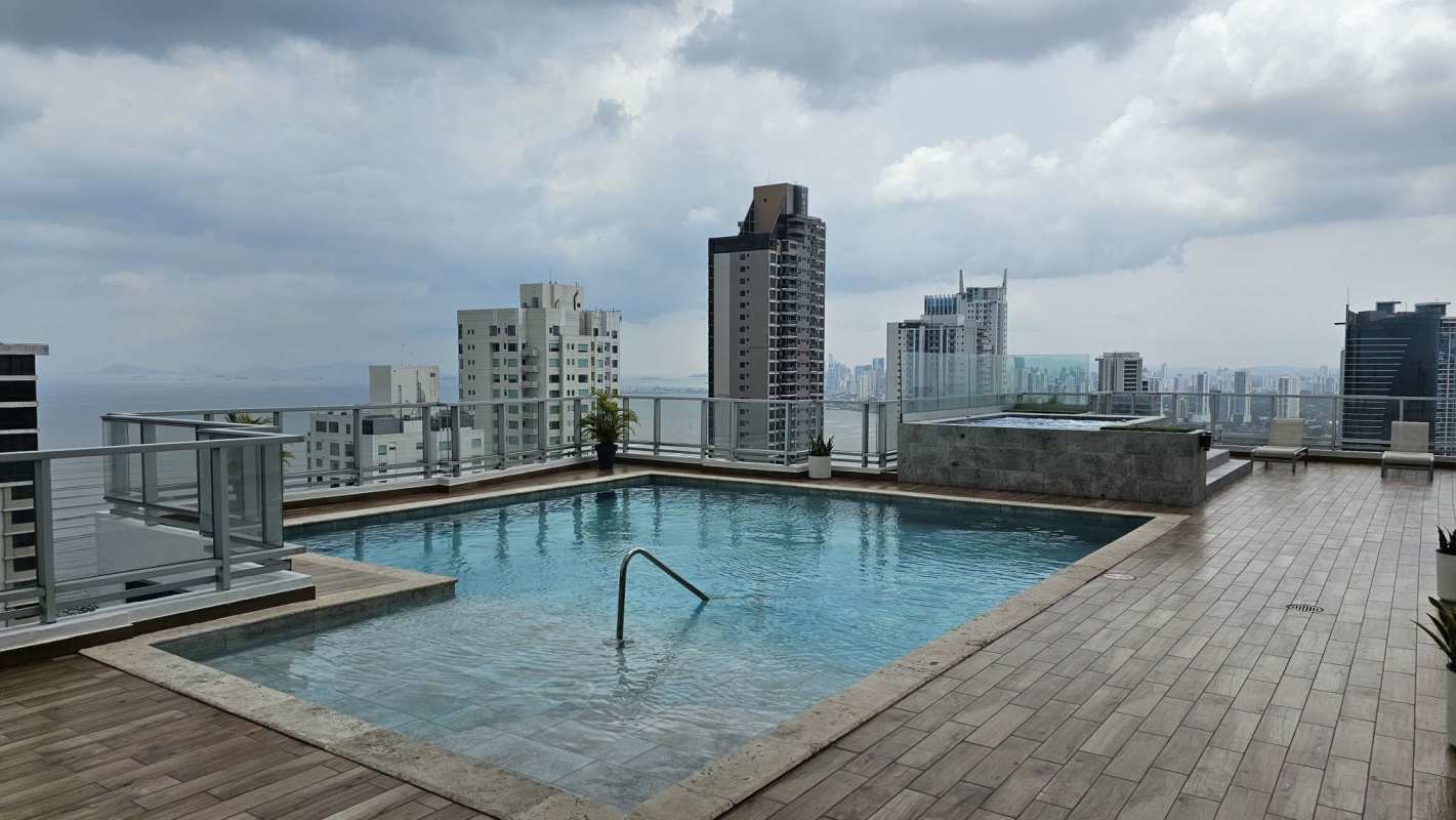 Infinity pool on rooftop PH Parkside with skyline and ocean views Costa del Este Panama