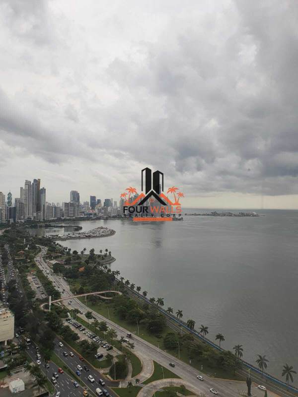 Aerial view of coastal skyline and bay from PH BOC on Avenida Balboa Panama City