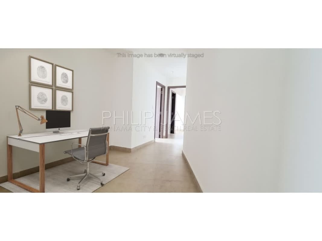 Bright living-dining room with floor-to-ceiling windows, balcony and skyline views in Cranc Tower Panama City