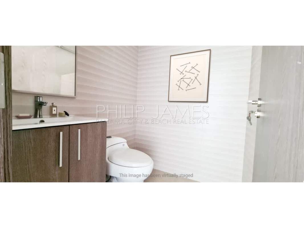 Double vanity modern bathroom with walk-in shower tile accents Cranc Tower Panama