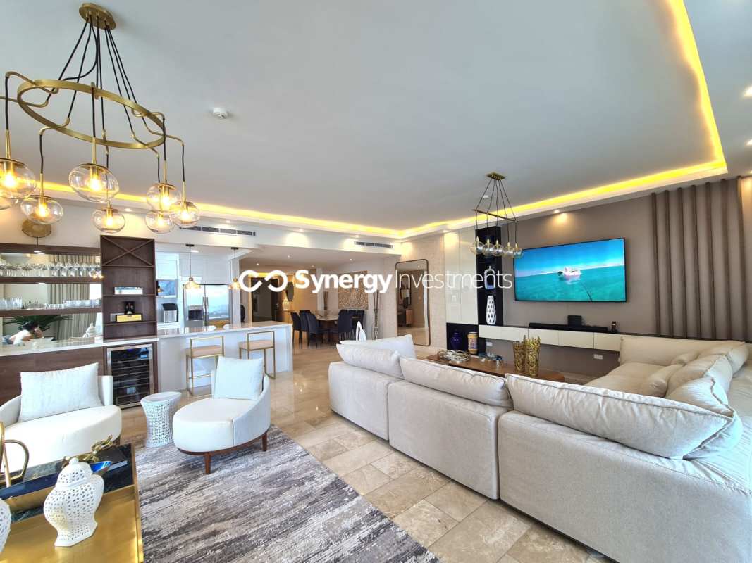 Spacious dining room with luxury decor open to living oceanfront Panama City