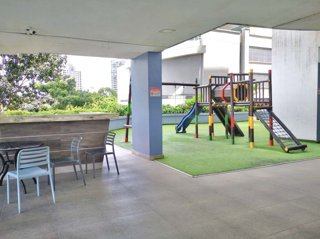 Balcony with glass railing overlooking city PH Mont Royale Panama apartment