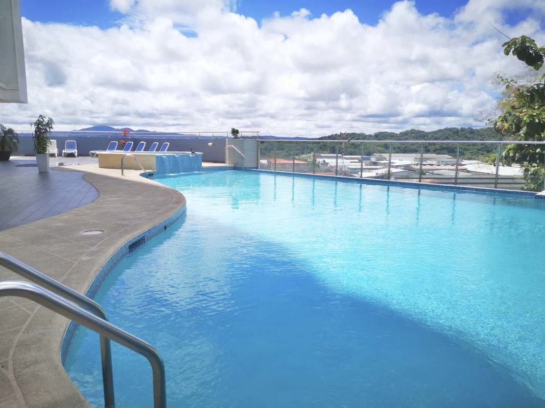 City skyline with high-rise buildings seen from PH Mont Royale rooftop Panama City