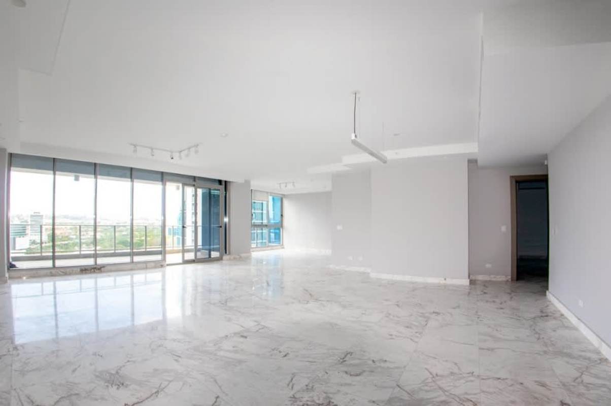 Spacious Italian kitchen with island countertops and premium finishes in Costa del Este penthouse Panama