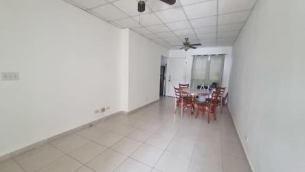 Dining space with ceiling fan tiled floors white walls Sausalito Hills rental house Panama