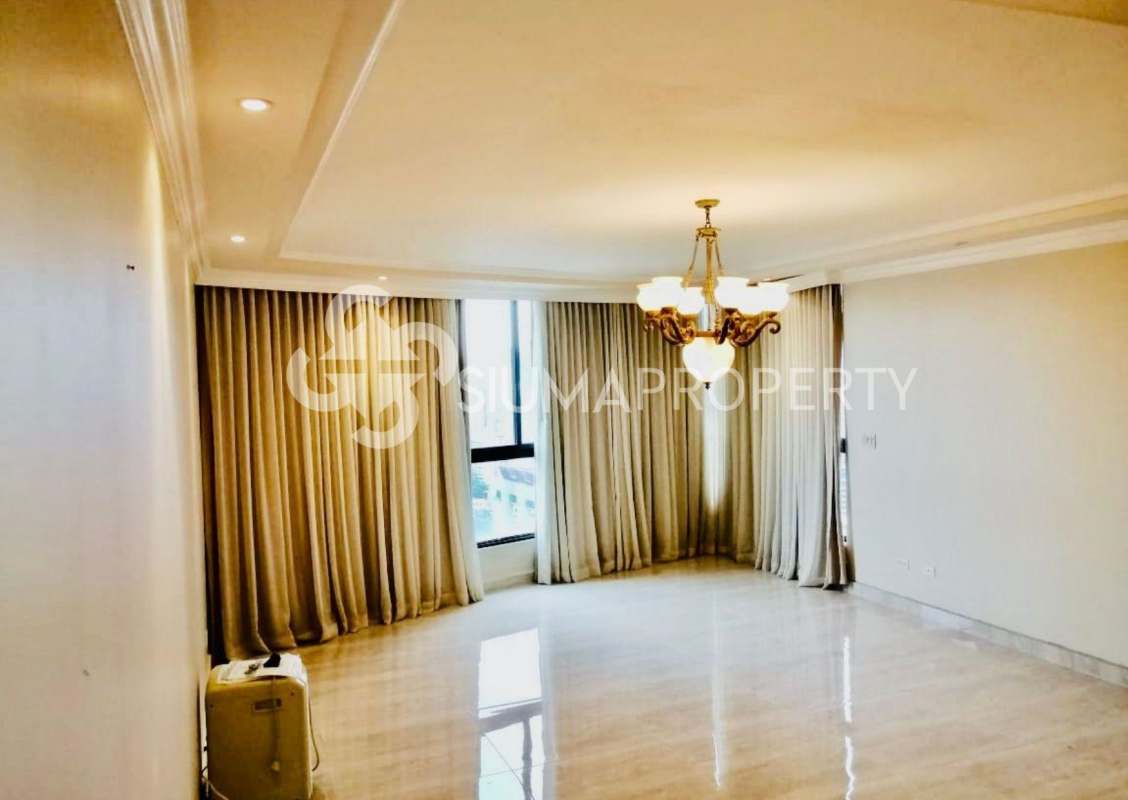Elegant living room marble floor, floor-to-ceiling curtains, tray ceiling and chandelier PH Golden Palace