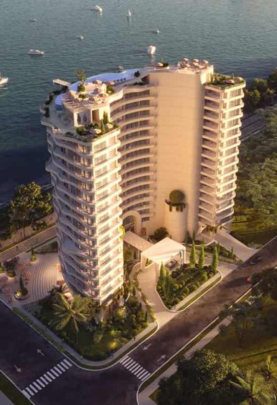 Aerial view of PH Cavarosa tower with balconies on the waterfront in Amador Panama