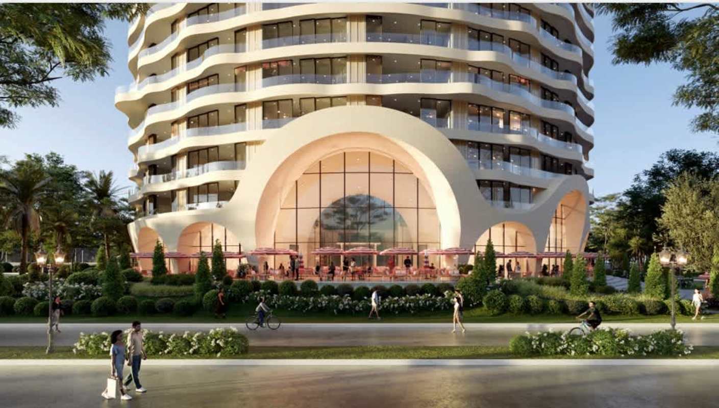 Curved balconies and stylish facade of PH Cavarosa tower on waterfront Panama City