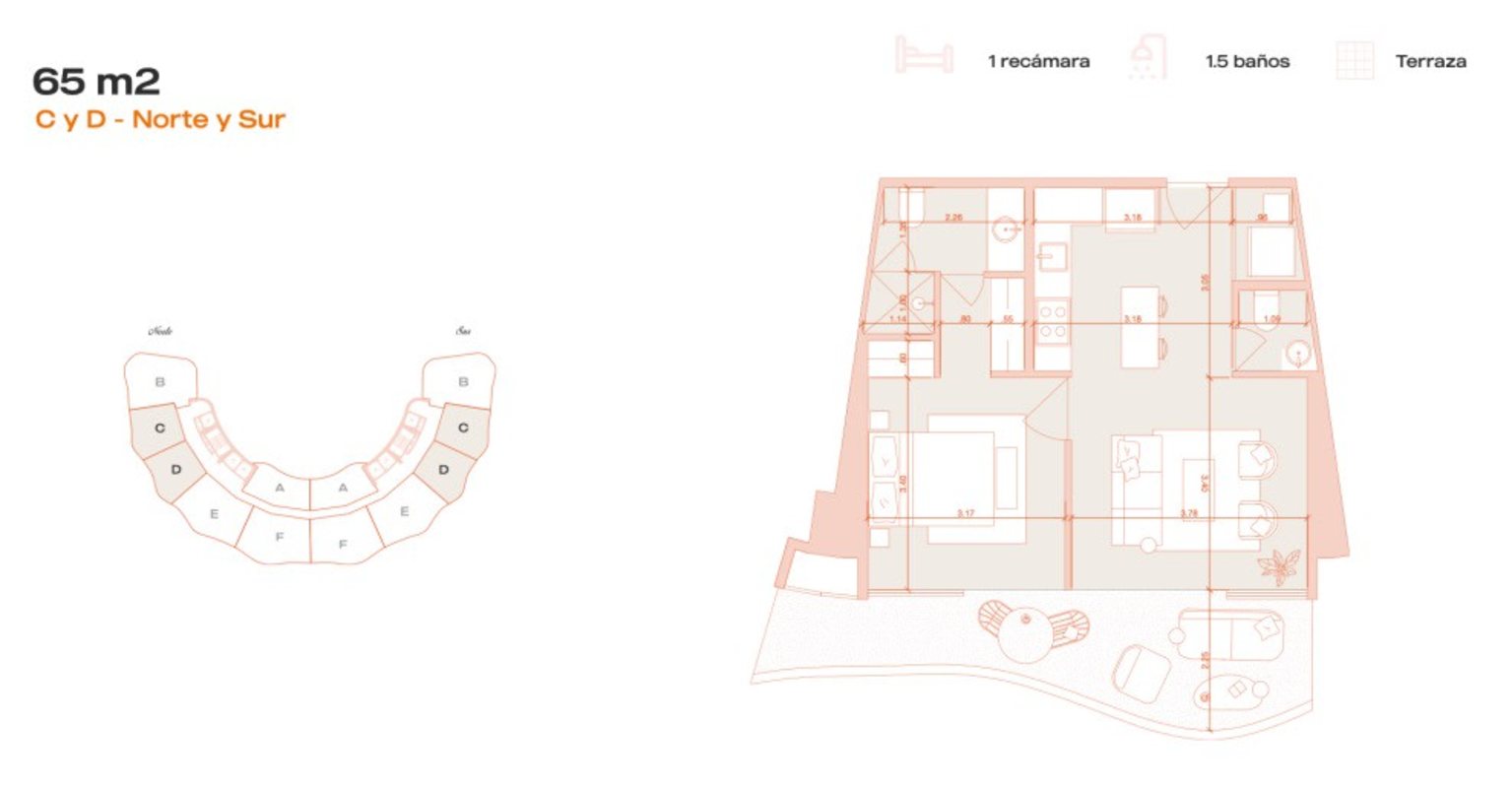 Floor plan of a 65 square meter 1 bedroom condo with 1.5 bathrooms and terrace Amador Panama