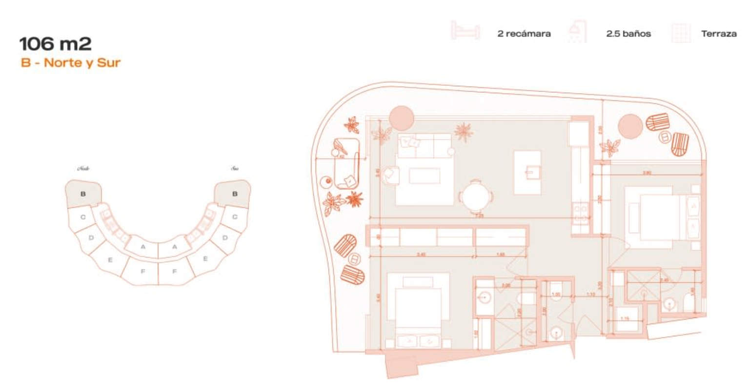 Floor plan showing 2 bedroom, 2.5 bath apartment with terrace PH Cavarosa